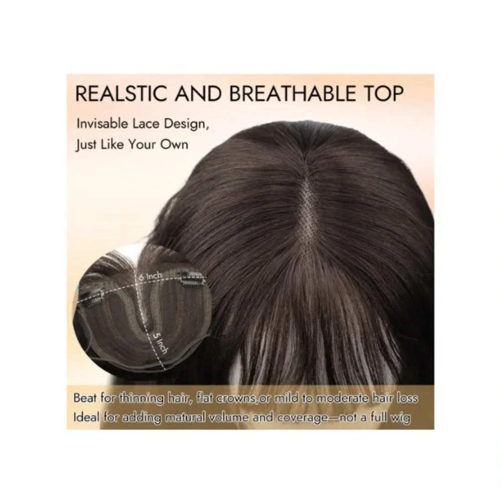 MONIXI 18 Inch Wavy Synthetic Hair Topper Dark Brown French Bangs 6x5 Base